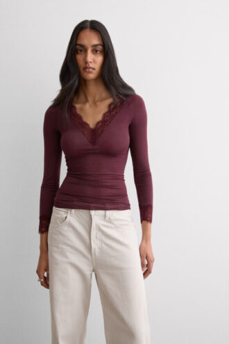 Εξαιρετικά ελαφρύ πουκάμισο με δαντέλα από κασμίρ και μακριά μανίκια