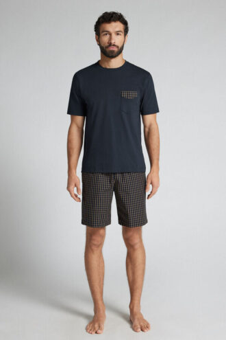 Μπλε και κρεμ πιτζάμες με καρό μοτίβο από ύφασμα και βαμβάκι