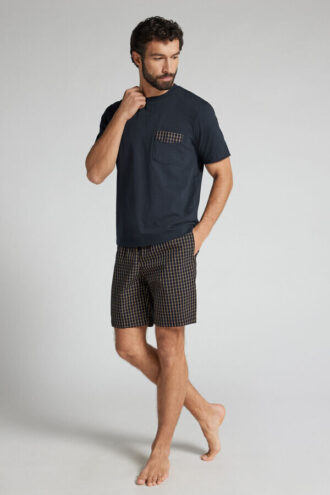 Μπλε και κρεμ πιτζάμες με καρό μοτίβο από ύφασμα και βαμβάκι