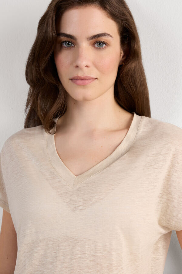 Μπλούζα από καθαρό λινό με κοντό μανίκι και V λαιμόκοψη Μπλούζα από καθαρό λινό με κοντό μανίκι και V λαιμόκοψη