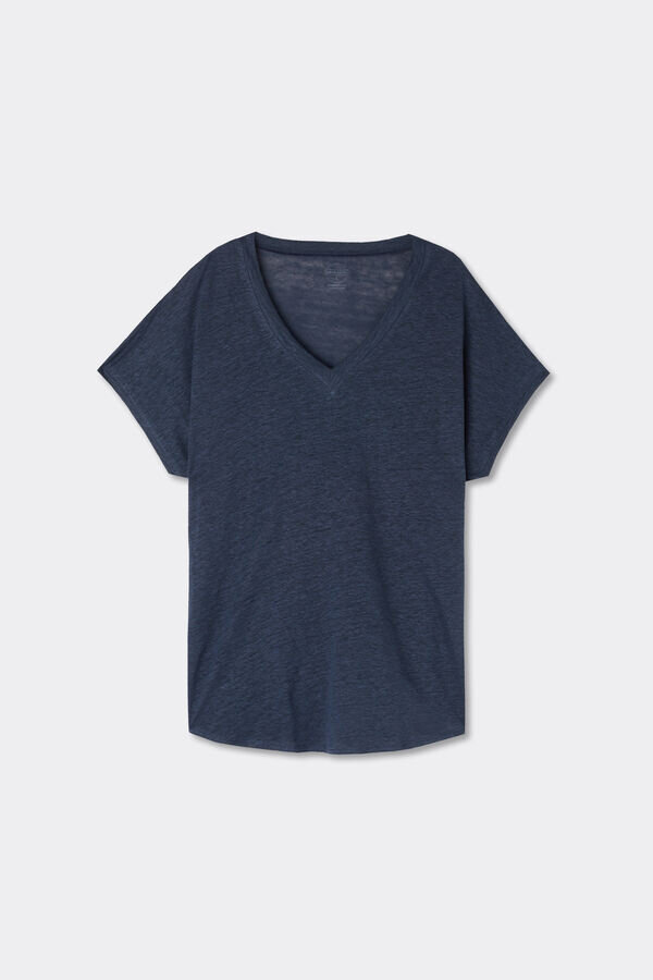 Μπλούζα από καθαρό λινό με κοντό μανίκι και V λαιμόκοψη Μπλούζα από καθαρό λινό με κοντό μανίκι και V λαιμόκοψη